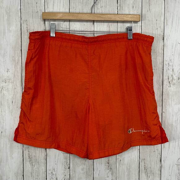 Vintage 90s Orange Nylon High Rise Drawstring Pockets Swim Athletic Shorts Large - Picture 1 of 12
